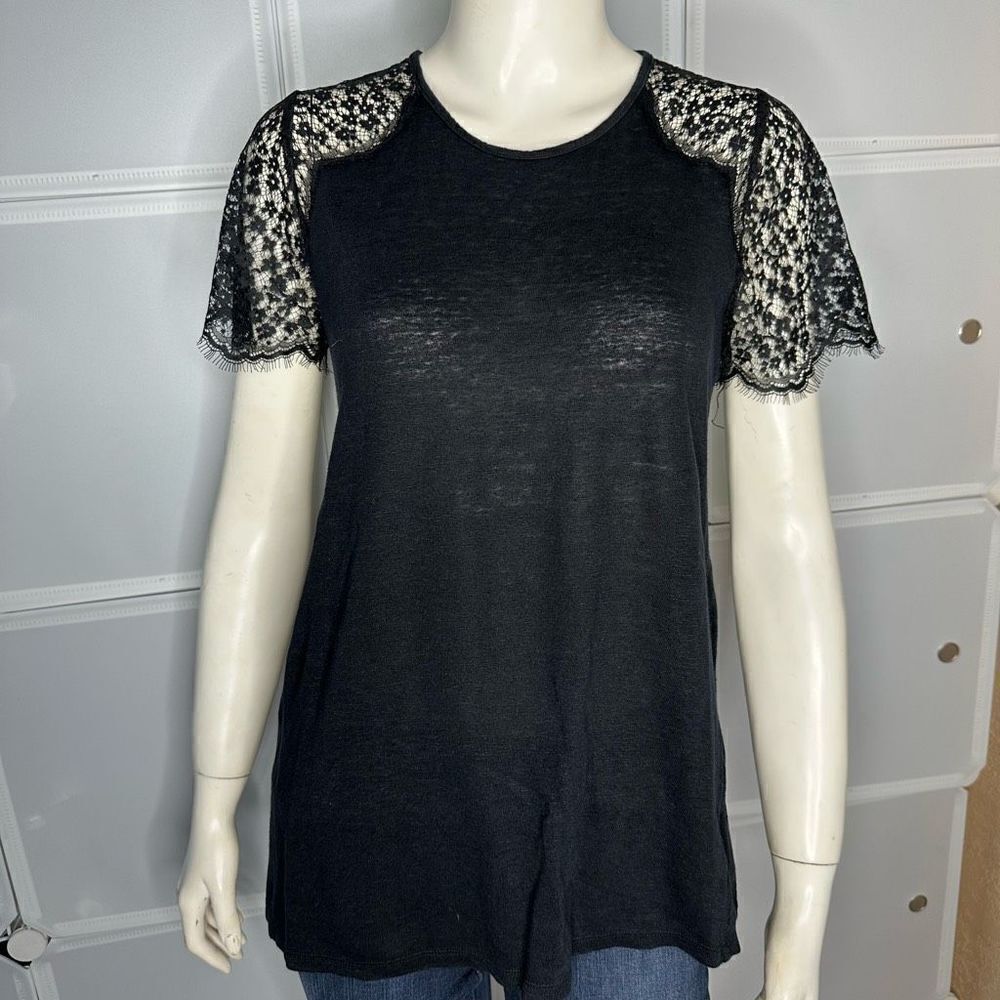 A Pea In The Pod Maternity Black Short Lace Sleeve Linen Blouse Size Small